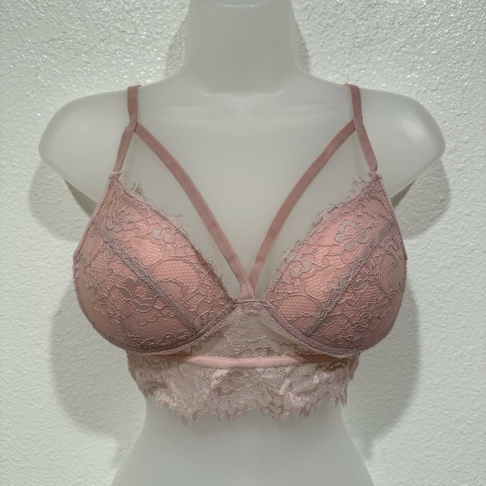 NWT pink lace push up lace mesh crochet padded bralette bra top sexy lingerie